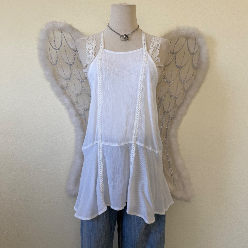 Hollister Oversized White Boho Lace Trim Halter Peplum Tank Top Small Drop Waist